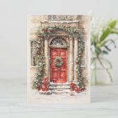 Kerstkaart met rode deur kunst plat kaart voor vak (Staand voorkant)