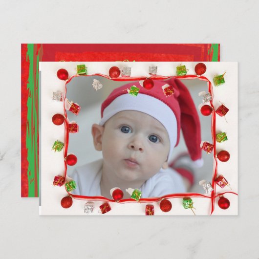 Kerstkaart met rode en groene rand en familiefoto (Voorkant / Achterkant)