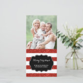 Kerstkaart met rode glinsterstrepen en foto (Staand voorkant)