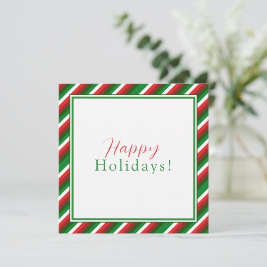 Kerstkaart met rode, groene en witte strepen en lo kaart (Staand voorkant)