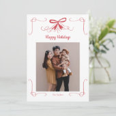 Kerstkaart met rode lint strik foto (Staand voorkant)