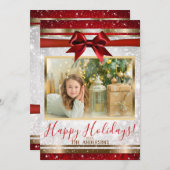 Kerstkaart met rode strik en witte glans (Voorkant / Achterkant)