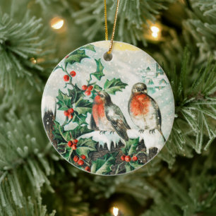 Kerstkaart met Roodborstjes, Hulst en Kerk Keramisch Ornament