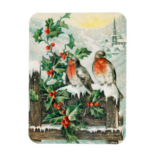 Kerstkaart met Roodborstjes, Hulst en Kerk Magneet