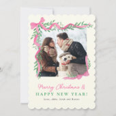 Kerstkaart met roze lint en groen (Voorkant)