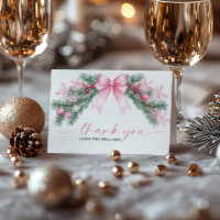 Kerstkaart met roze lint en opgevouwen bedankje