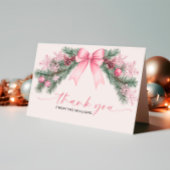 Kerstkaart met roze lint en opgevouwen bedankje bedankkaart