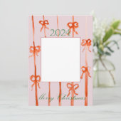 Kerstkaart met roze lint kaart (Staand voorkant)