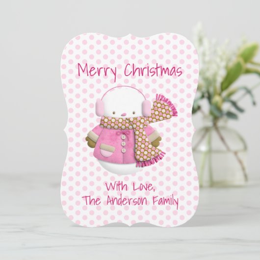 Kerstkaart met Roze Sneeuwman (Staand voorkant)