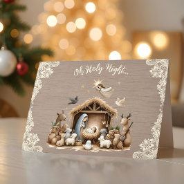 Kerstkaart met rustieke kanten en houten kerststal feestdagen kaart