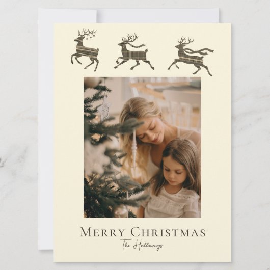 Kerstkaart met rustieke ruit Santa's rendier (Voorkant)