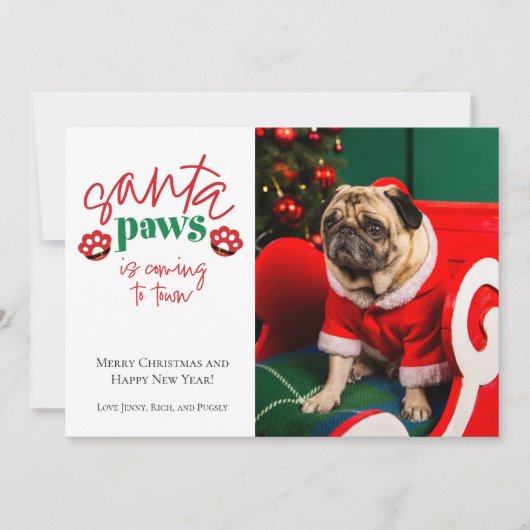 Kerstkaart met Santa Paws komt naar de stad (Voorkant)
