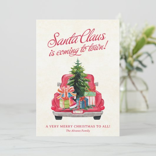 Kerstkaart met Santa's oude rode vrachtwagen (Staand voorkant)