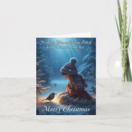 Kerstkaart met scène van klein meisje en roodborst feestdagen kaart