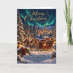 Kerstkaart met slee en rendieren van de Noordpool Feestdagen Kaart