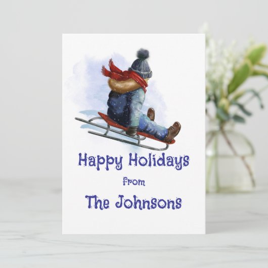 Kerstkaart met sleevakantie (Staand voorkant)