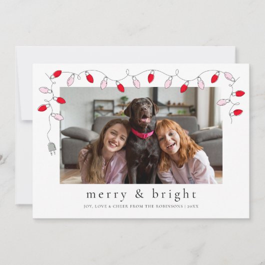 Kerstkaart met slingerlichtjes Merry & Bright (Voorkant)