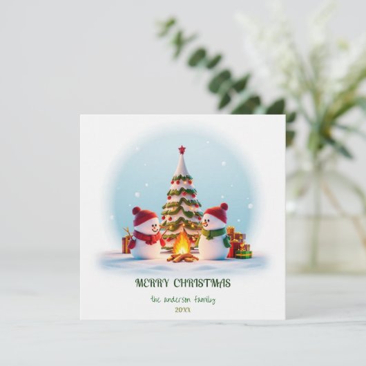Kerstkaart met sneeuwman en kerstboom (Staand voorkant)