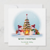 Kerstkaart met sneeuwman en kerstboom (Voorkant)