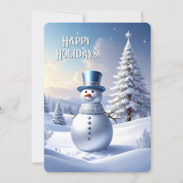 Kerstkaart met sneeuwman en kerstboom in blauwe ho