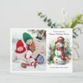 Kerstkaart met sneeuwman in rode platte hoed (Staand voorkant)