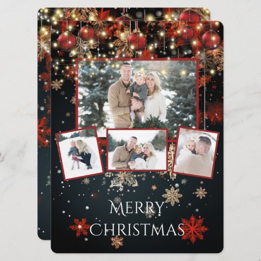 Kerstkaart met sneeuwvlokken en slingerlichtjes (Voorkant / Achterkant)