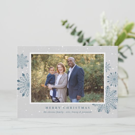 Kerstkaart met sneeuwvlokken voor gezinsfoto (Staand voorkant)