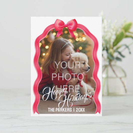 Kerstkaart met strik - Rood (Staand voorkant)