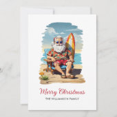 Kerstkaart met surfende Kerstman op het strand (Voorkant)