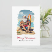 Kerstkaart met surfende Kerstman op het strand (Staand voorkant)