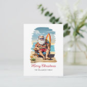Kerstkaart met surfende Kerstman op het strand Feestdagenkaart (Staand voorkant)