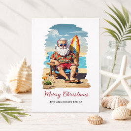 Kerstkaart met surfende Kerstman op het strand Feestdagenkaart
