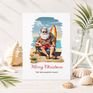 Kerstkaart met surfende Kerstman op het strand Feestdagenkaart