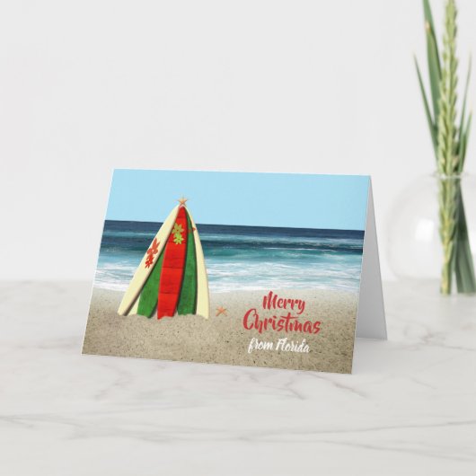 Kerstkaart met Surfplanken op Strand Kaart (Voorkant)