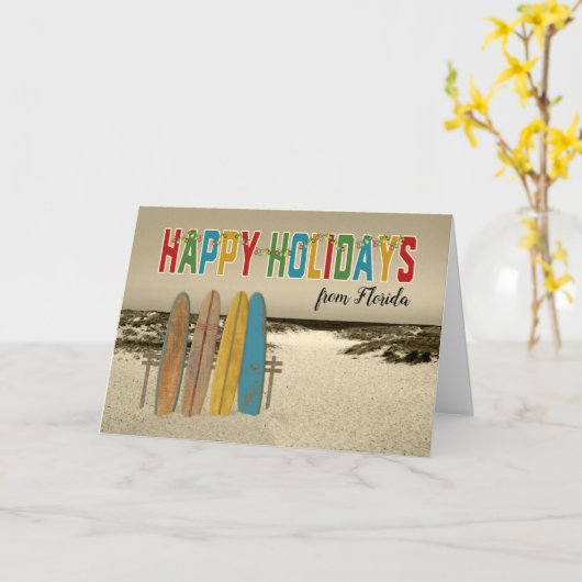 Kerstkaart met  surfplanken op strand kaart (Gele Bloem)