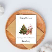 Kerstkaart met teddybeer bij kerstboom voor kleind