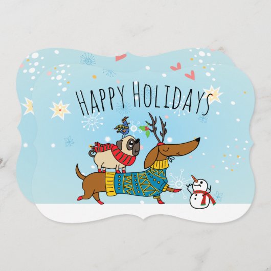 Kerstkaart met tekening van Dachshund, Pug en Voge (Voorkant / Achterkant)