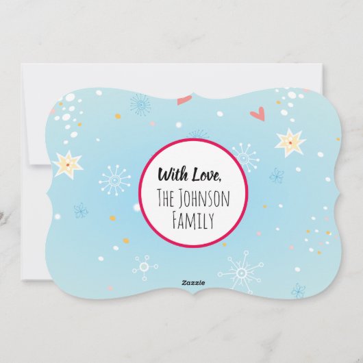 Kerstkaart met tekening van Dachshund, Pug en Voge (Achterkant)