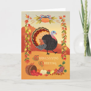 Kerstkaart met Thanksgiving-kalkioen en oogst Feestdagen Kaart