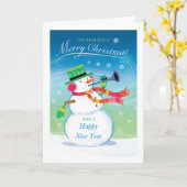 Kerstkaart met trompetspelende sneeuwman kaart (Gele Bloem)