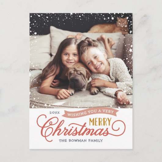 Kerstkaart met Very Merry Christmas Script Foto Feestdagenkaart (Voorkant)