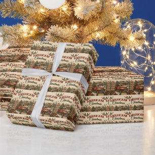 Kerstkaart met vintage Amerikaanse rode vrachtwage Cadeaupapier