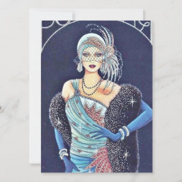 Kerstkaart met vintage Art Deco vrouw in het blauw
