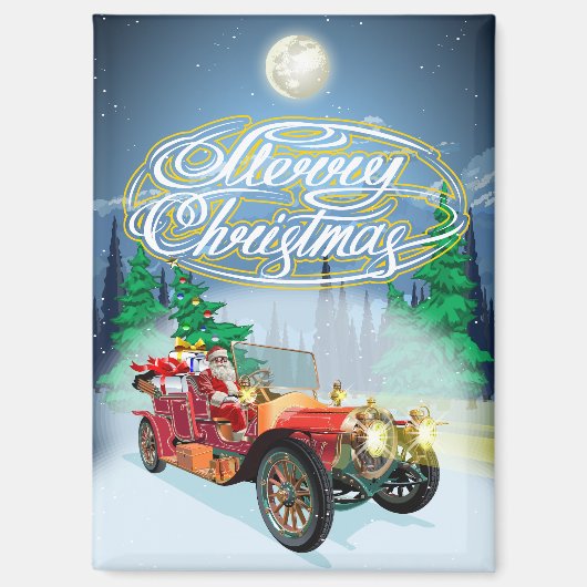 Kerstkaart met vintage auto en kerstman magneet (Voorkant)