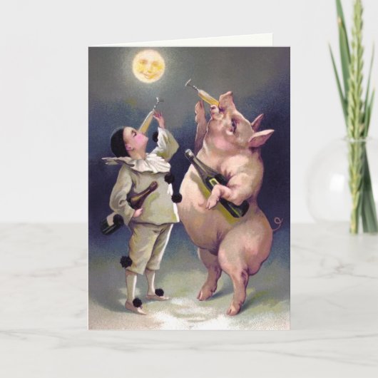 Kerstkaart met vintage drinkende varken feestdagen kaart (Voorkant)
