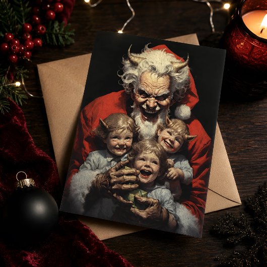 Kerstkaart met vintage duivel Sinterklaas in gotis