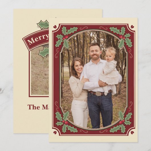 Kerstkaart met vintage-hollyrand (Voorkant / Achterkant)