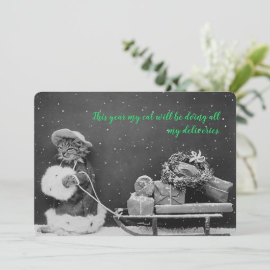 Kerstkaart met vintage kat en boodschappentas (Staand voorkant)