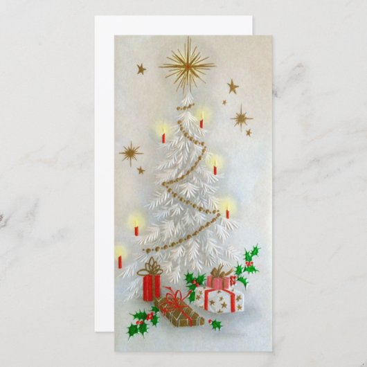 Kerstkaart met vintage kerstbomen en cadeaus (Voorkant / Achterkant)