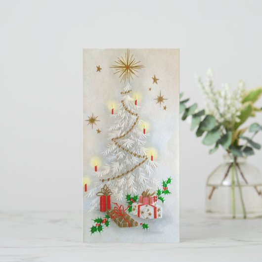 Kerstkaart met vintage kerstbomen en cadeaus (Staand voorkant)